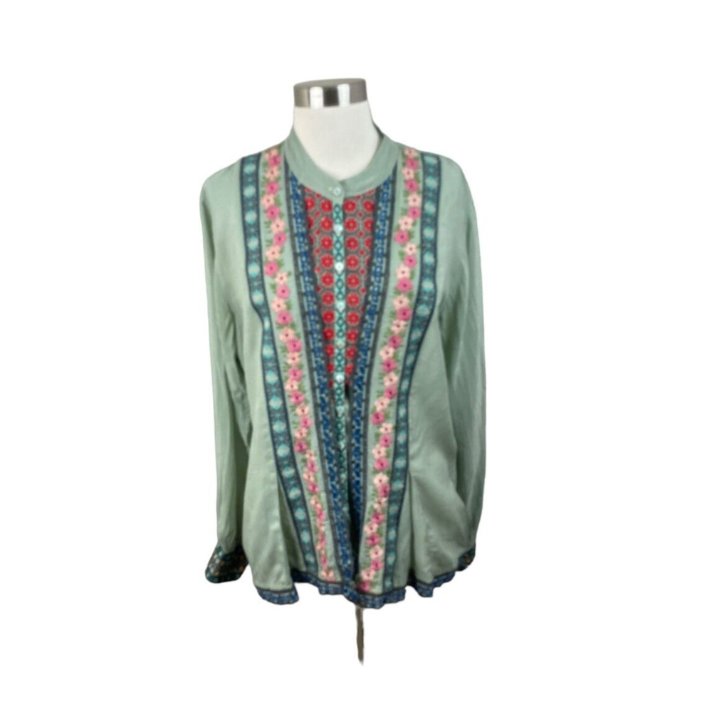 Johnny Was Green Embroidered Button Front Mandarin Collar Long Sleeve Blouse M